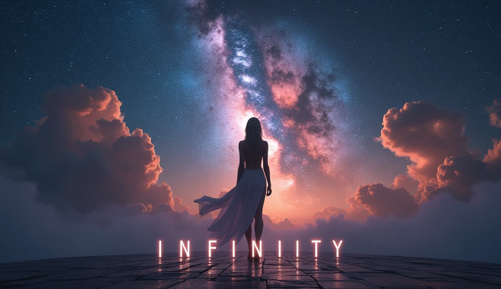 The words "INFINITY" written in large letters at the bottom of the screen, ((masterpiece, highest quality, Highest image quality, High resolution, photorealistic, Raw photo, 8K)), ((Extremely detailed CG unified 8k wallpaper)), (huge stunning goddess shot, very hot and sexy, jaw-dropping beauty, perfect proportions, beautiful body, slim body beauty:1.4), Midnight, looking up at the starry sky from the observation deck of a huge spaceship, the sky the ancient gods looked up to, the origins of mankind, seen from behind,