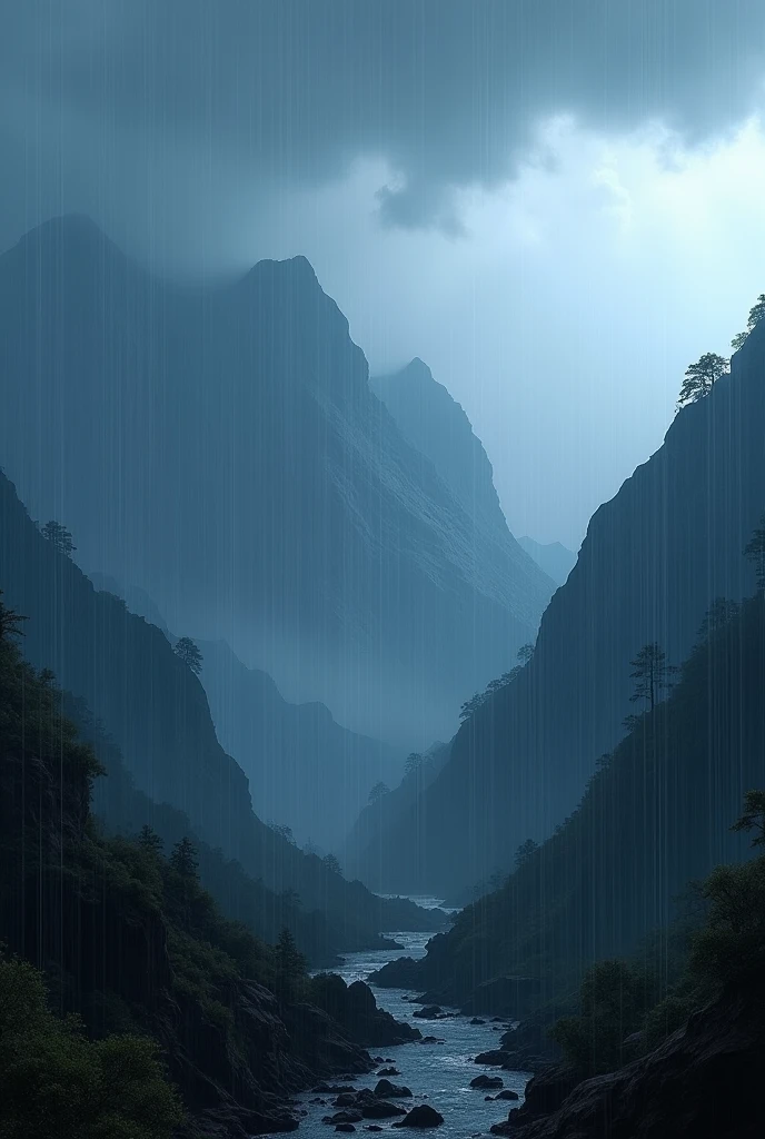 Photo , high resolution, 8k, Blue sky with gray clouds, shower rain , dark mountains, relaxing atmosphere