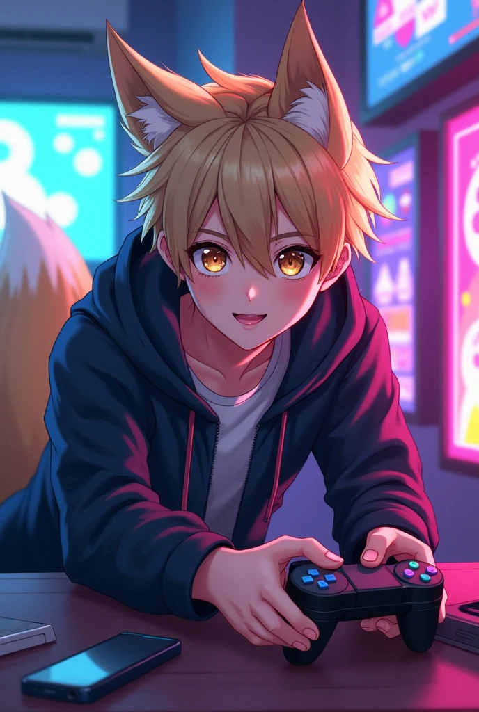 Create an anime character that is a man with a fox tail and ears who likes video games