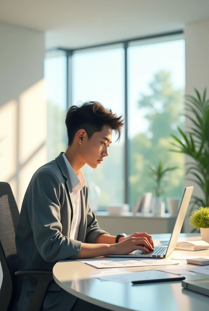 a young accountant in a beautiful, bright office, light colors, uma mesa, um laptop