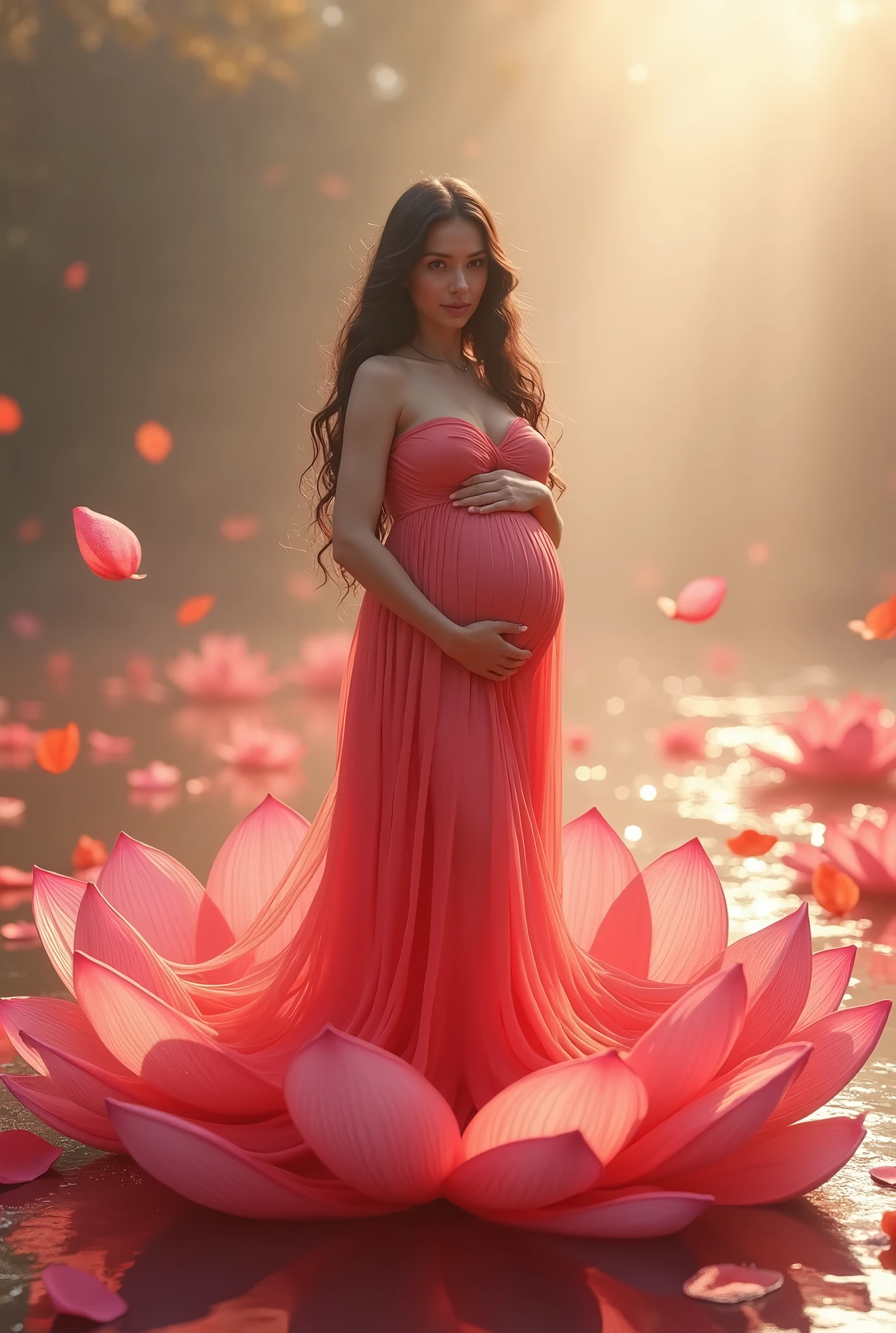 full length, black hair pregnant , woman watching in camera , full body font pose , both hand on belly ,red dress , Beautiful face, dress made of red rose petals, Light pink and light white tones, Esbian Full Body, beautiful backgrouond , daylight, Efeito de Luz, Minimalistic, Solar, pure tenderness, soft lighting, Realism. beautiful woman stand on a super giant lotus with double and long petals (petals made of thin, soft transparent,streaming, fabrics, full background of flowing petals, floating flower, super flying petals, Smoke effect, Fog, some water reflationary mixed with petals), lotus dress, ((ss-through)) full length, red dress full body .both hand on belly , waching in camera looking in camera ,