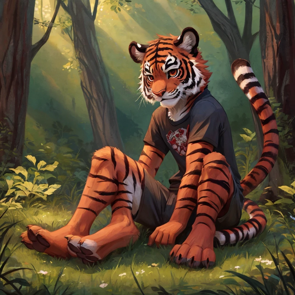 devil, furry, Dark red fur, barefoot, 3 toes Dark grey shorts, Alone, tiger ears, simple background, sitting on the grass in a forest, pointed cola.