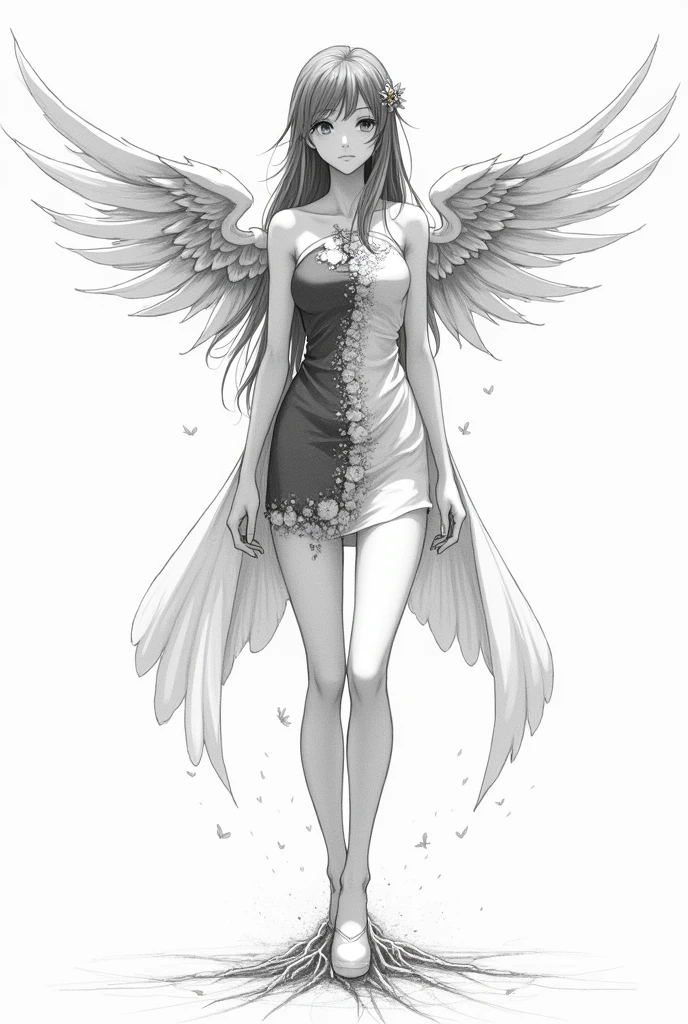 Create an outfit for a fashion show with the following theme and inspiration pencil drawing style as a sketch of a drawing of a fashion outfit a little anime style a little simple:
theme: Roots and Wings Inspiration: This concept explores the duality between the roots that keep us anchored and the wings that allow us to fly.. The piece symbolizes the importance of recognizing our origins as we seek freedom and personal growth..