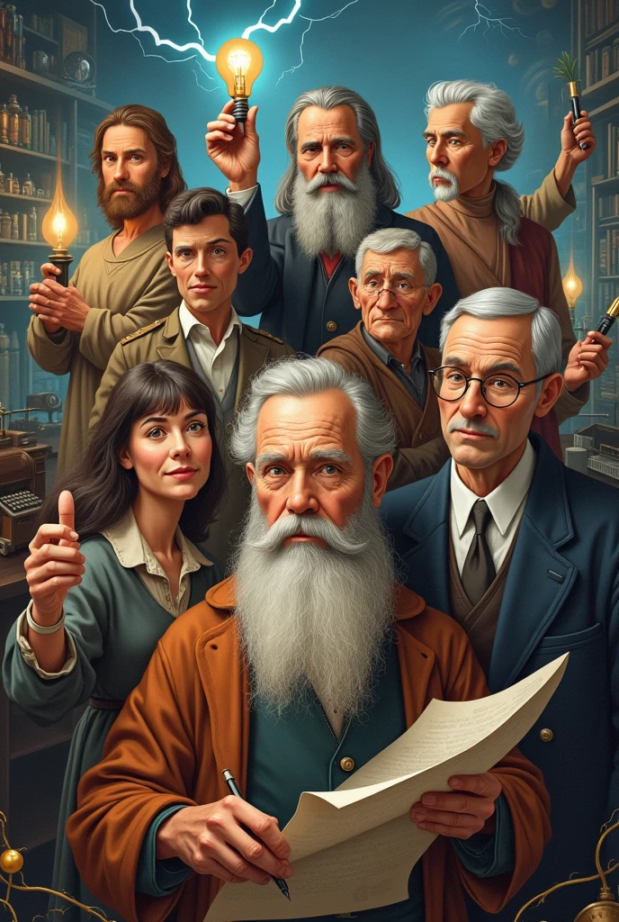 A Selfie with the World&#39;s Greatest Inventors Leonardo da Vinci: Man with long beard and gray hair, wearing a Renaissance tunic. Portrayed holding a sketchbook, drawing in the air, with inventions in the background.

Jules Verne: full beard e bigode espesso, vestidos formalmente. sitting in a library, holding a pen and parchment, looking dreamily into the future.

nikola tesla: Scrawny, with dark hair and trimmed mustache, wearing an elegant suit. holding a lighted lamp, with electricity around him, symbolizing his genius.

Thomas Edison: Robust appearance, short white hair, in work clothes. in your lab, holding an incandescent light bulb, with several inventions in the background.

Marie Curie: Woman with a serious appearance, hair tied in a bun, wearing modest clothing. Holding a glowing flask in a laboratory, highlighting his courage and pioneering spirit.

Alan Turing: Discreet appearance, short hairto, simple suit. Sitting in front of a typewriter, with mathematical codes floating around, symbolizing his work.

Grace Hopper: short gray hair, confident stance, in military uniform. In an old office, explaining programming to young people, with punched cards and computer in the background.

Steve Jobs: Visual casual, Scrawny, with round glasses. holding an iphone, with iconic creations in the background, symbolizing its impact on technology.

Alexander Graham Bell: full beard, white  hair, vestidos formalmente. Holding an old phone, Talking from a distance, symbolizing his innovation in communication.

Guglielmo Marconi: elegant appearance, styled hair, serious expression. Adjusting a radio transmitter, with visible waves in the background, representing wireless communication.

Benjamin Franklin: long white hair, colonial clothes, half-moon glasses. Holding a key on a wire, with an electrical storm in the background, symbolizing his experience with lightning.

Linus Torvalds: modern appearance, short hair