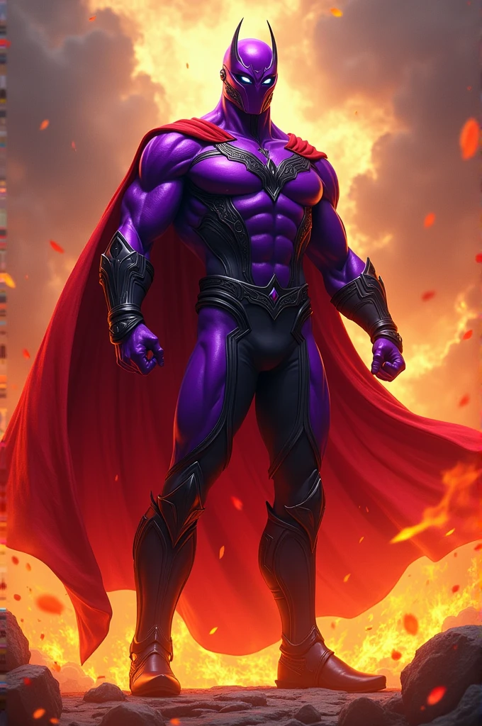 Create a hero with fire powers, purple uniform with red cape and black details