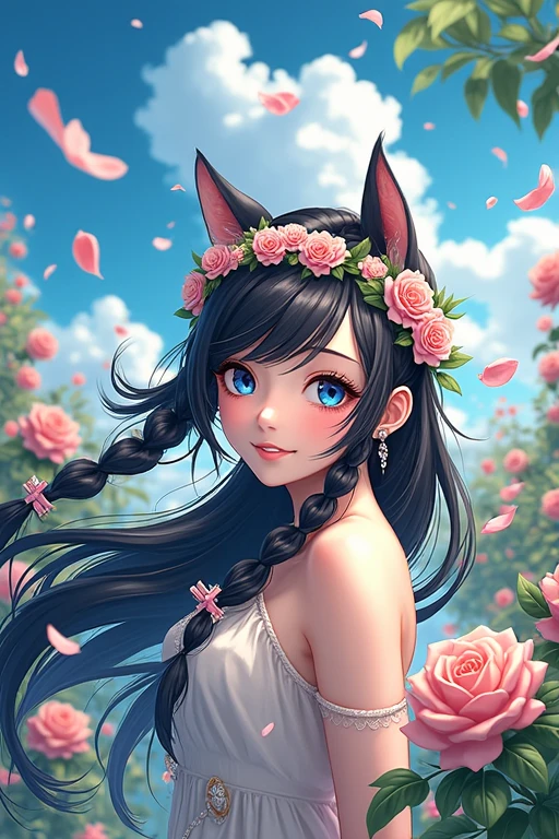 1 girl with long black hair, looking at the viewer and smiling, mouth open, blue eyes, animal ears, ((twin tails)), earrings, hair flowers, dutch angle, sparkling effects, masterpiece, best quality, extremely detailed, highly detailed model, quality, very detailed, ((double braids)), smiling, dutch angle, high angle, closeup, wide angle, first-person perspective, accessories, hair flowers, (wearing a flower crown), sparkling effects, forced perspective, artistic, fox ears, garden, floating flower petals, blue sky, sunlight