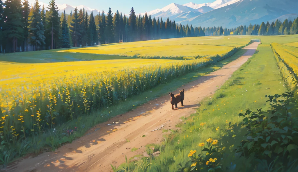 Dirt road , meadow , On both sides are wooden fences. , There are many big and small trees along the roadside. , There are not many houses. , There are a few black alpacas eating grass. , Sunny ,HD