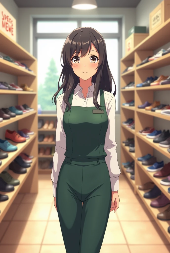Shoe shop clerk　Japanese　A kind smile　Long Hair　standing in the store