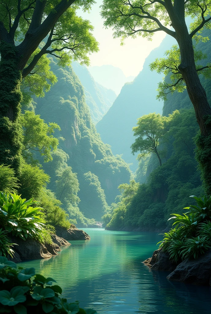 high quality, 8K Ultra HD, A beautifully porate with jungle, tree , water, please and natural 
