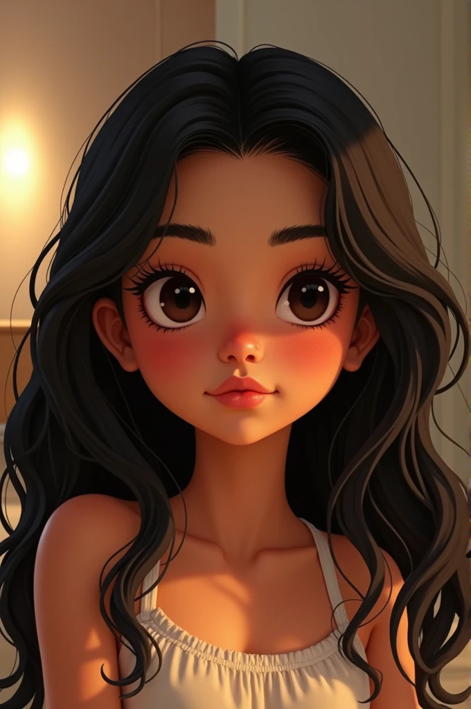 Make a girl with these characteristics - Age: 1 - Gender: Female - Face: Oval chubby - Skin tone: warm, brown - hair: long, wavy and black - Eyes: big ones, dark, slanted - Nose: Of average size and shape - Lips: Of a fleshy size - Ethnicity: Latina - Additional Features:  natural marks on the face, brunette look - thin outlined eyebrows
