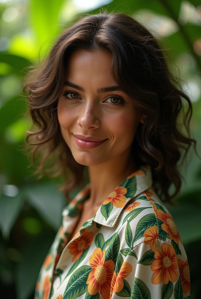 A Brazilian woman in a lush tropical garden, wearing an open shirt with a floral print, with a close-up capturing the harmonious beauty between her breasts and the natural flowers, showing off your natural charm and outgoing personality.