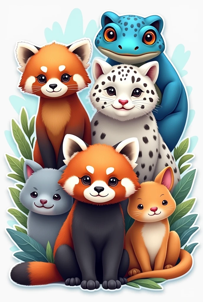 Create a cover that features adorable and rare animals found in nature, in the form of a sticker facing forward and with a light blue background