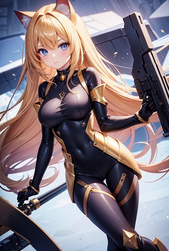 A beautiful girl wearing a high-necked bodysuit that fits snugly up to her neck(20th Generation)Equipped with cat-shaped robot armor Equipped with long claw weapons on arms Long hair with a side tail Hair color: soft gold