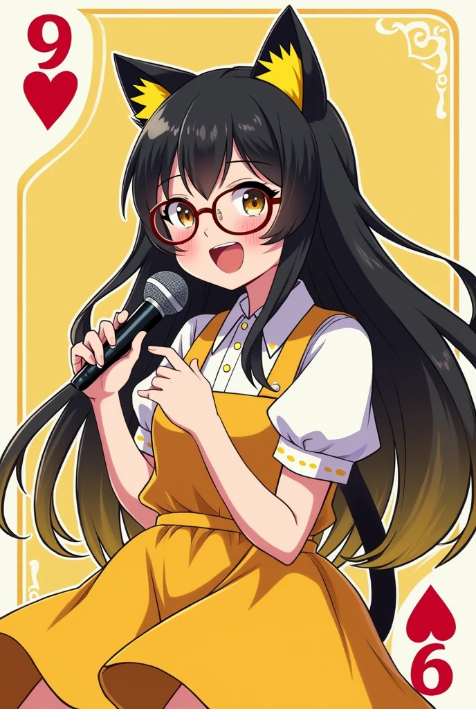 Create a 8 of Hearts card with a young woman, a yellow and white dress, looking happy and holding a microphone in her hand, tarot style,  black long hair, yellow hair tail, Black and yellow highlighted hair color, Black and yellow gradient hair color, wear round glasses, A pair of cat ears on the head
