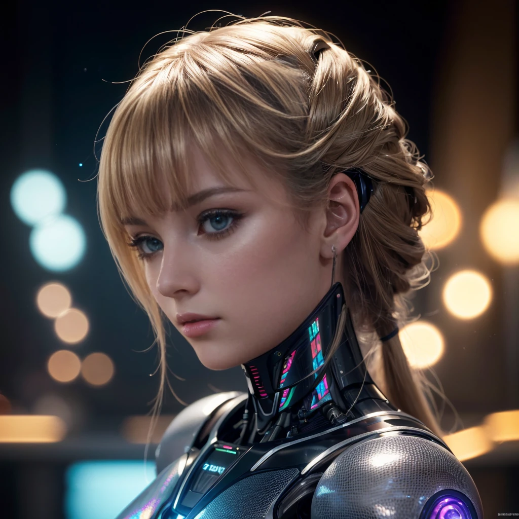 (8k, RAW Photo, Top Quality, Refined Details, Masterpiece: 1.2), (High Resolution 8k Wallpaper), Sharp Focus, Professional Lighting, Depth of Field, Cinematic Lighting, Background Blur,Artistic profile portrait of a humanoid robot woman, elegant design, holographic elements, soft ambient lighting