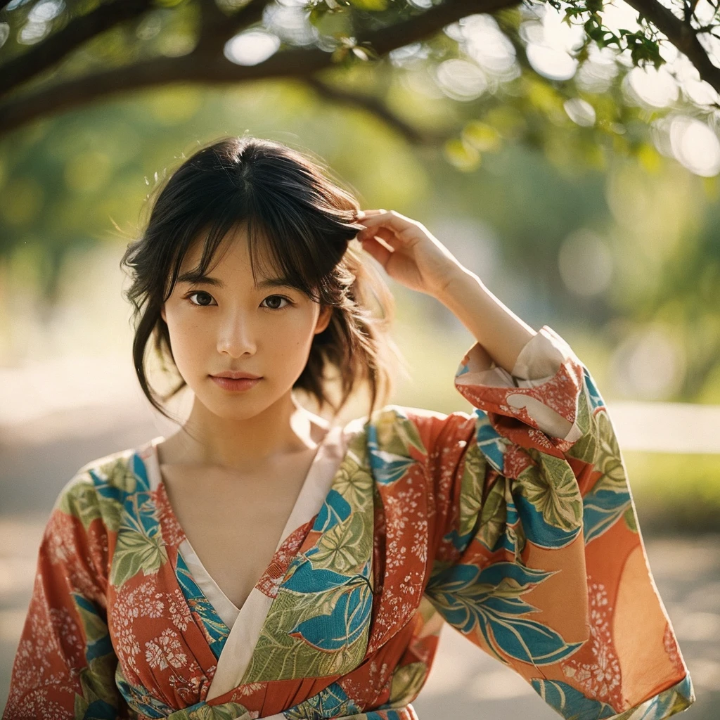 A hyper-realistic image of a single Japanese woman in her early 20s, captured from the shoulders up with the nostalgic warmth and subtle graininess of a film camera. She is wearing a traditional yukata with a vibrant, cute design featuring bold and colorful floral patterns such as cherry blossoms and peonies in shades of pink, red, and lavender, set against a soft pastel background. The obi is elegantly tied with a complementary color, adding a playful touch. The fabric of the yukata appears naturally lightweight, with visible folds and textures that enhance its realism, draping gracefully over her shoulders. Her skin, seen clearly from the shoulders up, has a warm beige tone with a highly realistic, slightly rough texture, showcasing visible pores, fine lines, and minor blemishes, along with subtle unevenness, such as delicate dryness around the cheeks and small natural shadows under the eyes. The lighting is soft and subdued, replicating the gentle, diffused natural light of an overcast day or early evening, creating realistic shadows across her face. These shadows subtly contour her cheekbones, nose, and jawline, adding depth and dimension to her facial features, enhancing the lifelike quality of her skin texture. Her straight, glossy black hair frames her face naturally, slightly tousled, adding to the authenticity of her look. Her deep brown eyes reflect the ambient light, providing depth and a natural, lifelike shine. The film camera effect introduces a noticeable grain and a soft focus, giving the image a warm, nostalgic atmosphere while maintaining the raw, lifelike quality of her skin. The composition is centered solely on her, capturing her serene and understated elegance, focusing closely on the detailed textures of the yukata and the authentic, natural skin texture, with dynamic lighting and shadow play that mimics a real-life photograph.