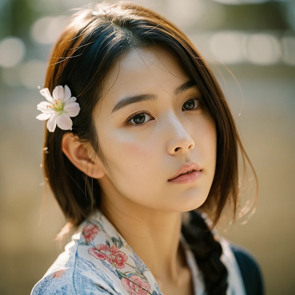 A hyper-realistic image of a single Japanese woman in her early 20s, captured from the shoulders up with the nostalgic warmth and subtle graininess of a film camera. She is wearing a traditional yukata with a vibrant, cute design featuring bold and colorful floral patterns such as cherry blossoms and peonies in shades of pink, red, and lavender, set against a soft pastel background. The obi is elegantly tied with a complementary color, adding a playful touch. The fabric of the yukata appears naturally lightweight, with visible folds and textures that enhance its realism, draping gracefully over her shoulders. Her skin, seen clearly from the shoulders up, has a warm beige tone with a highly realistic, slightly rough texture, showcasing visible pores, fine lines, and minor blemishes, along with subtle unevenness, such as delicate dryness around the cheeks and small natural shadows under the eyes. The lighting is soft and subdued, replicating the gentle, diffused natural light of an overcast day or early evening, creating realistic shadows across her face. These shadows subtly contour her cheekbones, nose, and jawline, adding depth and dimension to her facial features, enhancing the lifelike quality of her skin texture. Her straight, glossy black hair frames her face naturally, slightly tousled, adding to the authenticity of her look. Her deep brown eyes reflect the ambient light, providing depth and a natural, lifelike shine. The film camera effect introduces a noticeable grain and a soft focus, giving the image a warm, nostalgic atmosphere while maintaining the raw, lifelike quality of her skin. The composition is centered solely on her, capturing her serene and understated elegance, focusing closely on the detailed textures of the yukata and the authentic, natural skin texture, with dynamic lighting and shadow play that mimics a real-life photograph.