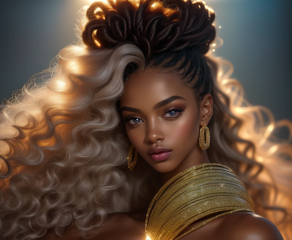 ((hyperrealism)), ((masterpiece)), ((breathtaking)) photo portrait of a gorgeous greek-african goddess with voluminous curly blonde hair, huge light grey sparkling eyes, very full luscious lips, ((dark silky skin with ethereal shimmer)), long eyelashes, very long neck, beautiful straight eyebrows, ((angelic beauty))