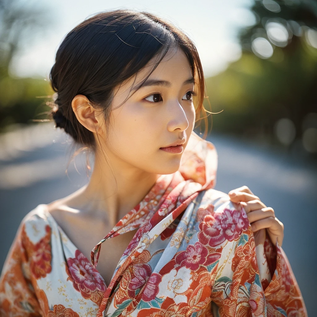A hyper-realistic image of a single Japanese woman in her early 20s, captured from the shoulders up with the nostalgic warmth and subtle graininess of a film camera. She is wearing a traditional yukata with a vibrant, cute design featuring bold and colorful floral patterns such as cherry blossoms and peonies in shades of pink, red, and lavender, set against a soft pastel background. The obi is elegantly tied with a complementary color, adding a playful touch. The fabric of the yukata appears naturally lightweight, with visible folds and textures that enhance its realism, draping gracefully over her shoulders. Her skin, seen clearly from the shoulders up, has a warm beige tone with a highly realistic, slightly rough texture, showcasing visible pores, fine lines, and minor blemishes, along with subtle unevenness, such as delicate dryness around the cheeks and small natural shadows under the eyes. The lighting is soft and subdued, replicating the gentle, diffused natural light of an overcast day or early evening, creating realistic shadows across her face. These shadows subtly contour her cheekbones, nose, and jawline, adding depth and dimension to her facial features, enhancing the lifelike quality of her skin texture. Her straight, glossy black hair frames her face naturally, slightly tousled, adding to the authenticity of her look. Her deep brown eyes reflect the ambient light, providing depth and a natural, lifelike shine. The film camera effect introduces a noticeable grain and a soft focus, giving the image a warm, nostalgic atmosphere while maintaining the raw, lifelike quality of her skin. The composition is centered solely on her, capturing her serene and understated elegance, focusing closely on the detailed textures of the yukata and the authentic, natural skin texture, with dynamic lighting and shadow play that mimics a real-life photograph.
