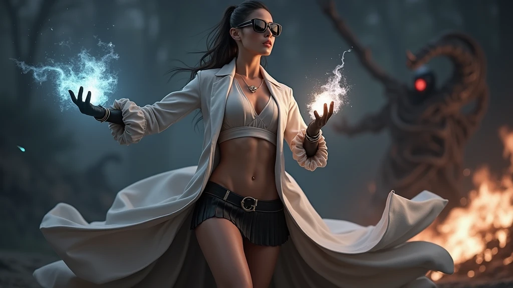 A young futuristic female sorcerer with a glowing floating small crystal stone, releasing mysterial spell and magical power, facing and defeating dark forces and beings. She stands with her right hand raised forward with a blue fire of light, floating ghost-like evil spirit chasing behind, at night, (1girl, solo, alone), photorealistic, large-breast slim:0.6 body, oval:0.5 face, cleavage:1.1, very low angle view of pleated miniskirt, deep-v, (upskirt), glove, (Matrix style black micro sunglasses), dynamic running pose, (half-body thigh level close-up shot), cinematic lighting, ray tracing, motion blur background.