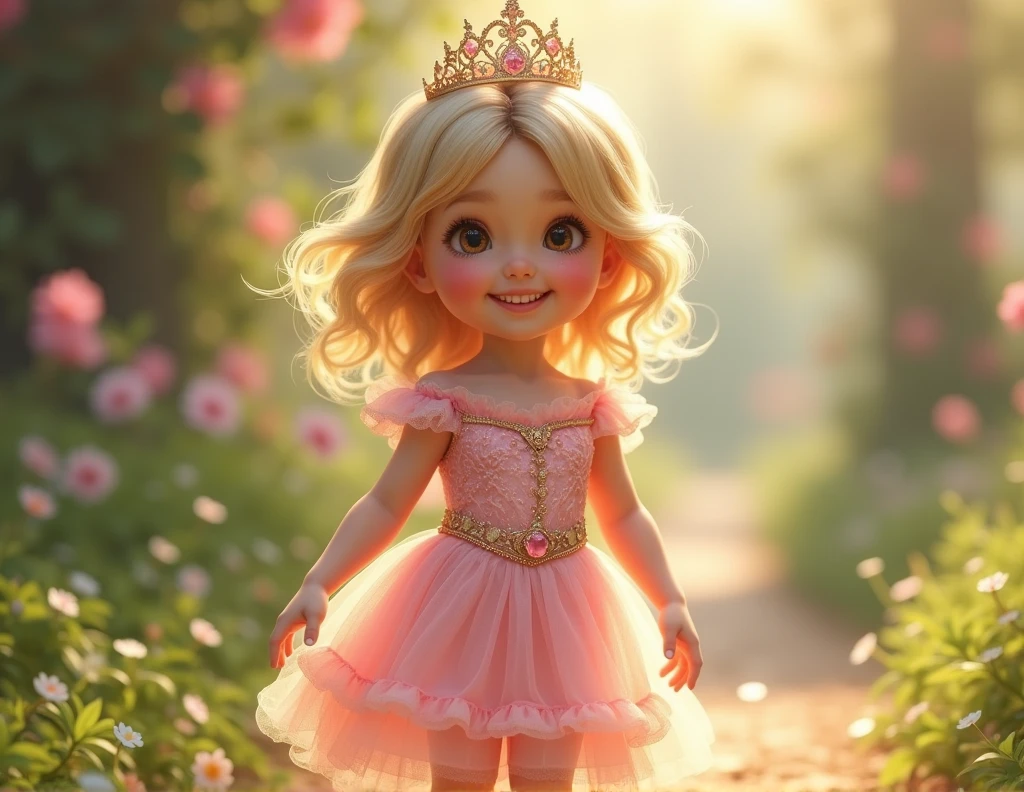 child white skin blonde standing walking with smile on face brown eyes with princess outfit in baby pink color