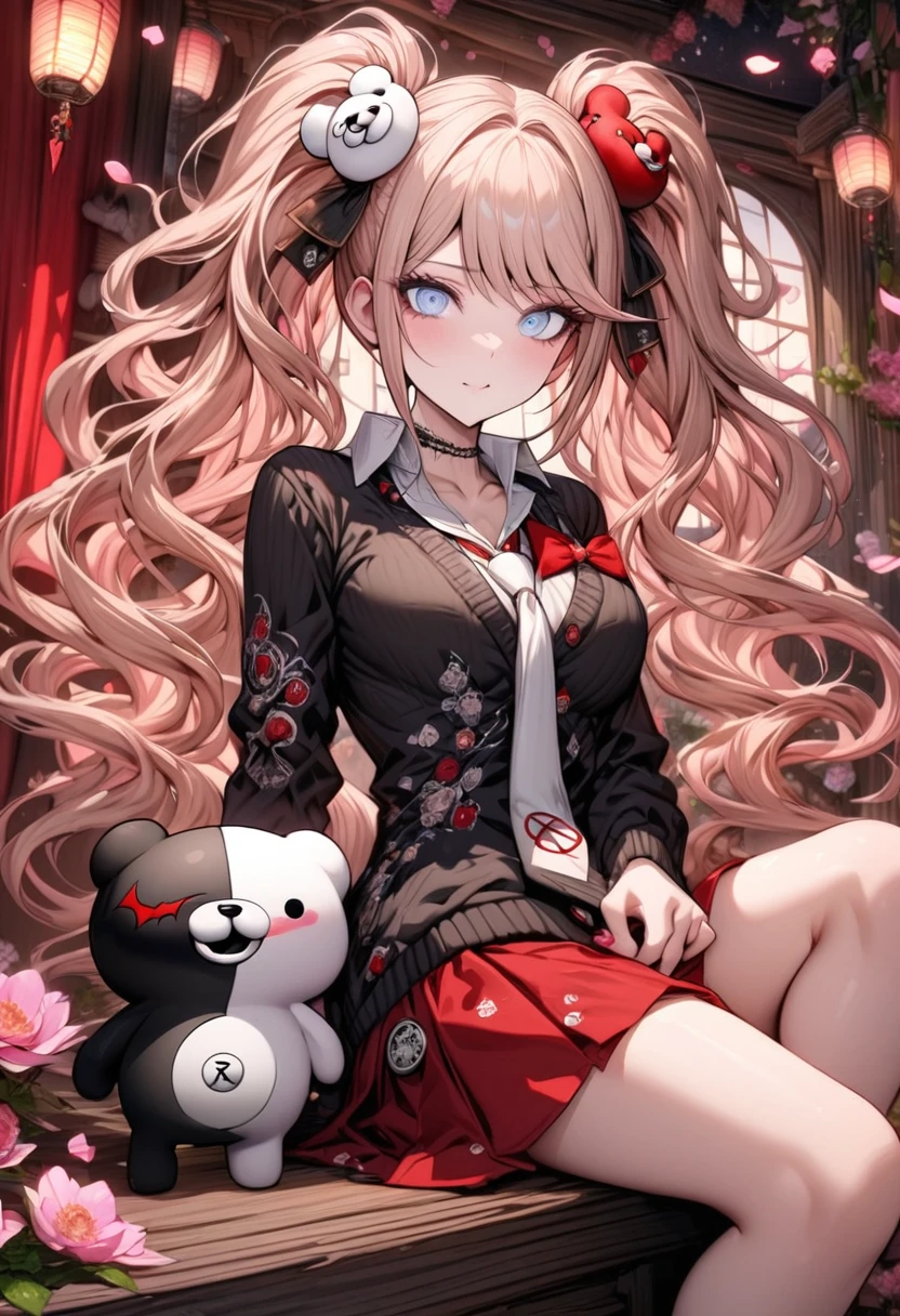 Ultra detailed, highres, absurdres, HDR, master piece, Enoshima Junko, strawberry-blonde hair tied in two twin pigtails, expressive light blue eyes, Danganronpa, black cardigan, white long necktie, red skirt, holding a plushie of Monokuma, pink flowers, petals, shining lanterns, moon, window, red curtains, woman sitting, solo, extremely beautiful, very detailed face and eyes, best quality, fantasy, magical, black boots, wink