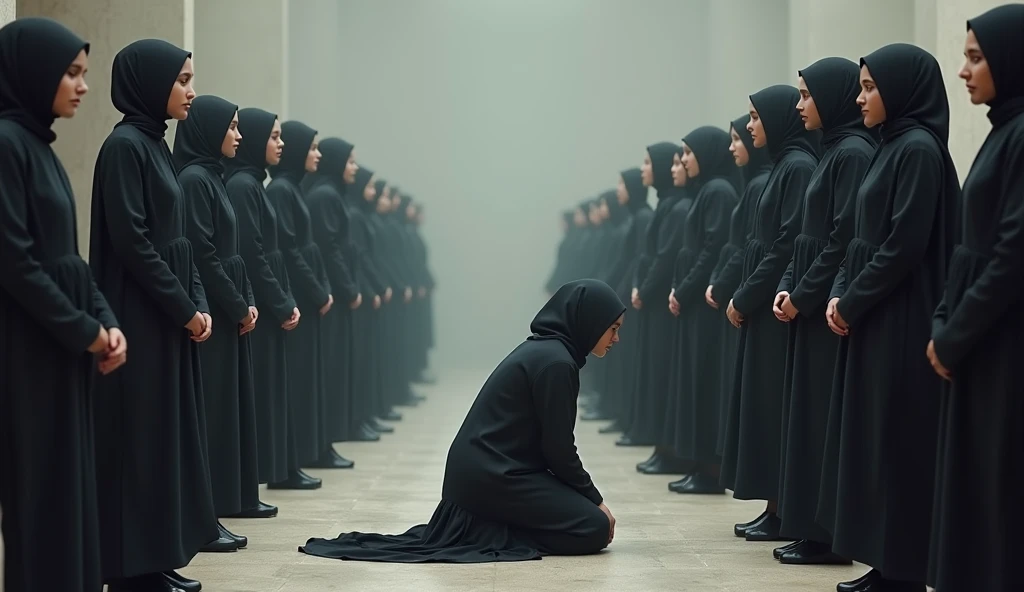 (Photorealism:1.2), Women, Muslim, bow down in shame, at the right end of the frame, 
At the left end of the frame, Women. Muslim, have no shame 