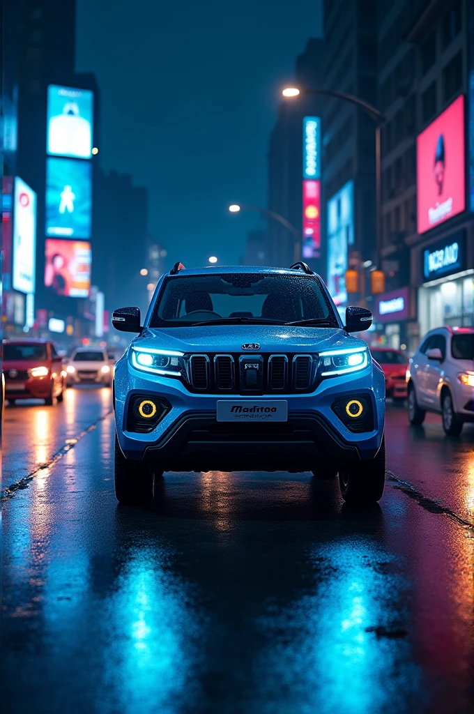 Mahindra scorpio in Mumbai city at night with neon blue color