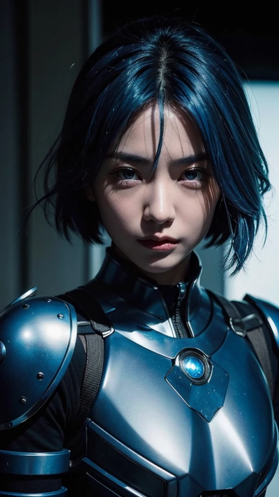 Blue haired female warrior、Wearing a little mechanical armor、Before the people、DJをしている様子High resolution, High resolution, masterpiece, Anatomically correct, accurate, 最高quality, Winner of numerous awards, detail, Damaged, 高いdetail, High-resolution model, quality, 高quality, Textured skin, 