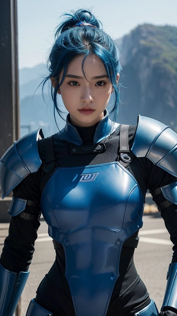 Blue haired female warrior、Wearing a little mechanical armor、Before the people、DJをしている様子High resolution, High resolution, masterpiece, Anatomically correct, accurate, 最高quality, Winner of numerous awards, detail, Damaged, 高いdetail, High-resolution model, quality, 高quality, Textured skin,