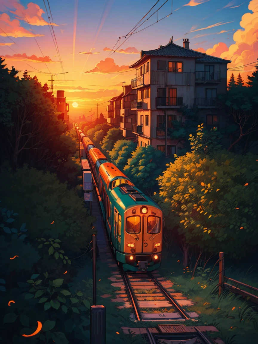 (masterpiece:1), (full view), (An orange train slowly drives away,The line of sight is getting smaller and smaller:1.4), (Dense green shrubs on both sides:1.3), crowded city, (There are small apartments on both sides:1.1), Orange and yellow sky, (sunset light:1.4), calm, (Sparse clouds,Scattered clouds), (sunset scene:1.4), (calm environment), beautiful shades, Subtle colors, calm, no humans, (illustration: 1.0), epic work, Realistic lighting, HD details, masterpiece, best quality, (Very detailed CG unified 8K wallpaper)
