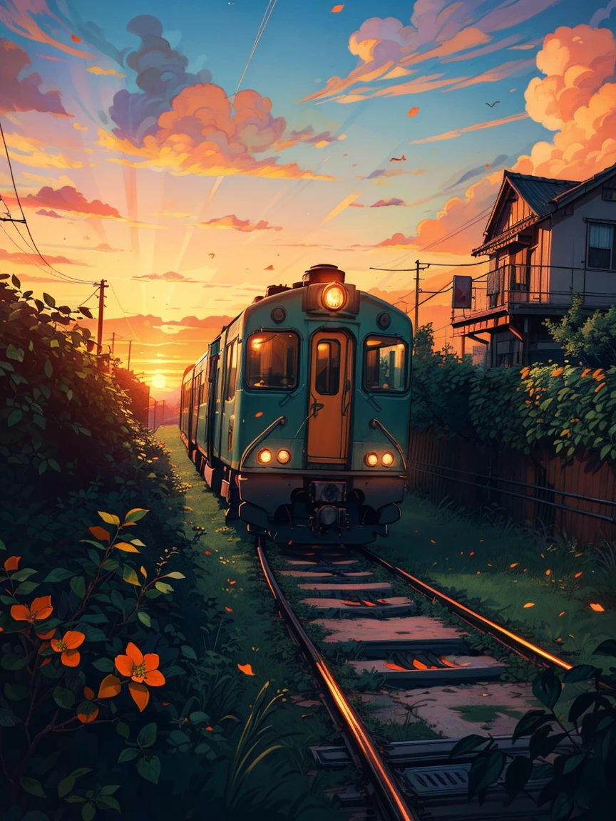 (masterpiece:1), (full view), (An orange train slowly drives away,The line of sight is getting smaller and smaller:1.4), (Dense green shrubs on both sides:1.3), crowded city, (There are small apartments on both sides:1.1), Orange and yellow sky, (sunset light:1.4), calm, (Sparse clouds,Scattered clouds), (sunset scene:1.4), (calm environment), beautiful shades, Subtle colors, calm, no humans, (illustration: 1.0), epic work, Realistic lighting, HD details, masterpiece, best quality, (Very detailed CG unified 8K wallpaper)