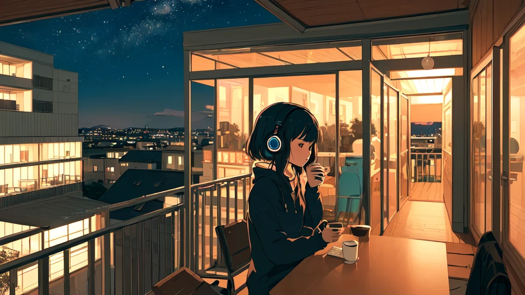 Ultra Wide Angle, Girl drinking hot coffee while listening to jazz music on headphones, Watching the night sky from the balcony, alone, Lofty Girl, Lo-fi art style, Lofty Girl aesthetic, By Ghailan, Anime aesthetics, relaxed mood, Lo-fi illustration style