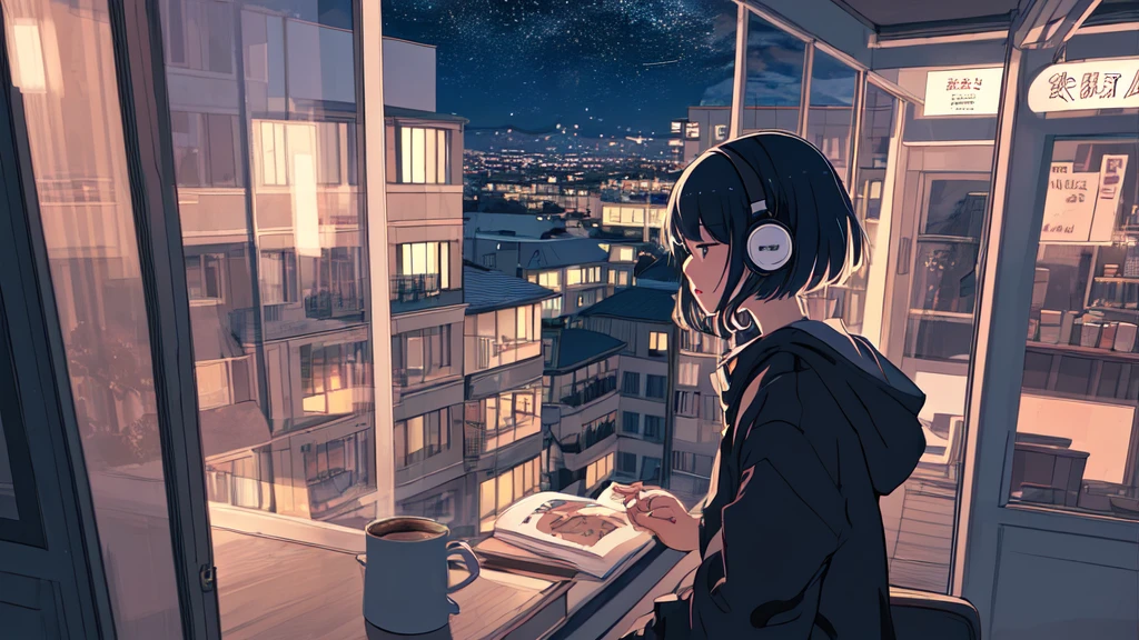Ultra Wide Angle, Girl drinking hot coffee while listening to jazz music on headphones, Watching the night sky from the balcony, alone, Lofty Girl, Lo-fi art style, Lofty Girl aesthetic, By Ghailan, Anime aesthetics, relaxed mood, Lo-fi illustration style