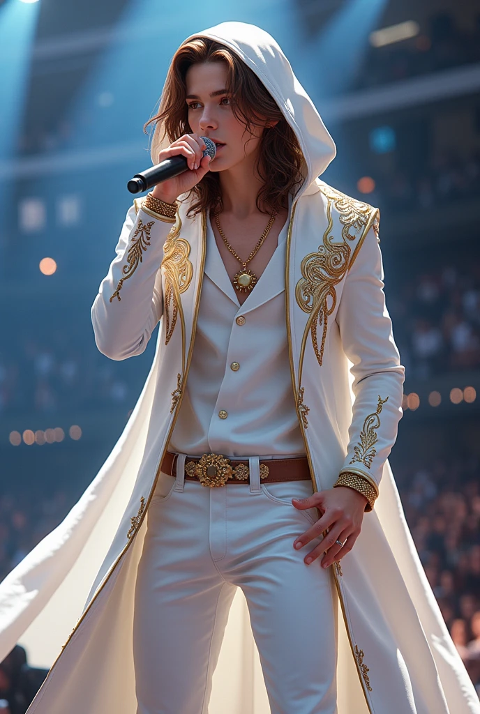 artwork best quality handsome american male ager long brown hair light skin with white cape and hooded coat on head with gold details white long sleeve shirt and white pants underneath intricate details singing holding a microphone seen from afar at a concert with details uhq 8k