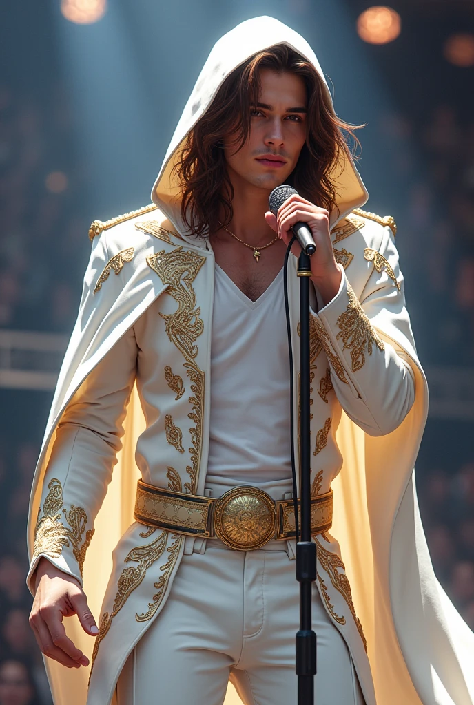 artwork best quality handsome american male ager long brown hair light skin with white cape and hooded coat on head with gold details white long sleeve shirt and white pants underneath intricate details singing holding a microphone seen from afar at a concert with details uhq 8k