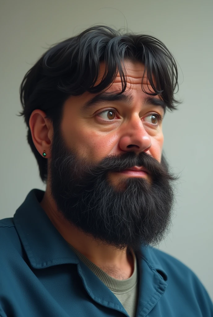 A white man with a round face, bearded man with thick eyebrows, eyes browns, and straight hair forward. wearing a blue outfit. 1 wearing an earring in her left ear.