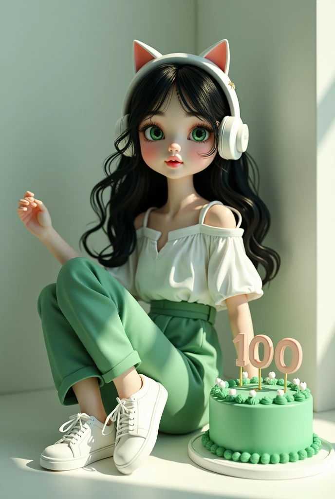   doll shape,white skin green eyes black wavy hair white blouse and green pants white sneakers cat ear headphones green and 100 followers cake on a table