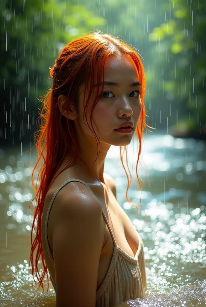 A natural scene amidst flowing water under heavy rain, with trees and slight sunlight filtering through the leaves. In the middle of the river, there's a side profile photograph of a young woman with Thai-Chinese features, blue eyes, and red hair. Her face and hair are drenched from the heavy rain, creating a shimmering effect. The photograph is rich in detail and portrait style, captivating with its intense focus and dramatic setting. She wears a simple beige camisole. Her wet hair and body add to the scene's allure. Taken with a Fujifilm Eterna Vivid 500T camera, the gentle yet continuous movement of water around her is visible. The semi-high angle of the shot clearly shows her wet face and shoulders. The background is filled with nature, trees, and soft sunlight filtering through the leaves, giving the image a natural feel. The light and shadows are well-balanced, adding vibrancy to the overall composition. Natural light focuses on the side of the subject, enhancing the scene.