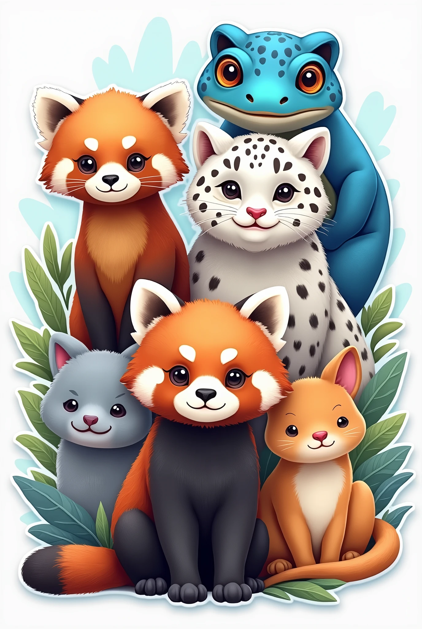 Create a cover that features adorable and rare animals found in nature, in the form of a sticker facing forward and with a light blue background