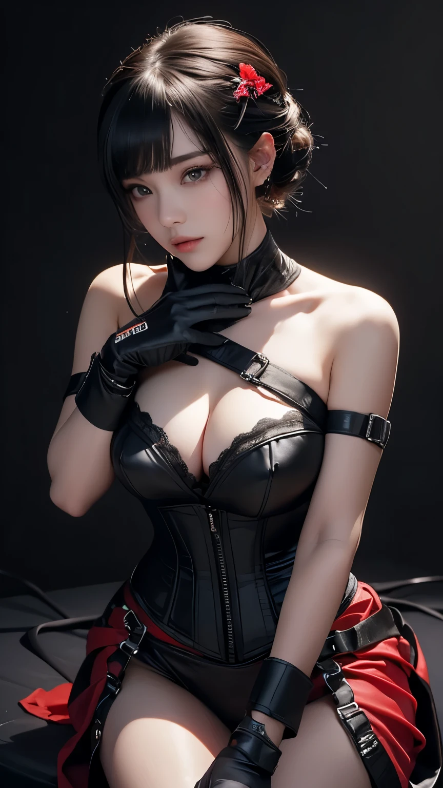masterpiece, Highest quality, Very detailed, To the camera, 複雑に詳細なVery detailedな, Realistic, Sharp features, Very detailed, Sharp focus, Perfect Face, Perfect Face, Perfect symmetry and perfect eyes, Perfect Plump Lips, Flexible female form, Cinematic, Film Light, Very detailedな, hyper Realistic, masterpiece, Atmospheric, High resolution, Vibrant, Dynamic Studio Lighting, ((Dark Background)), The facial expression when feeling happy, handcuffs, BDSM, slave, Rubber, Red Corset, (赤いfirst round), ((Highest quality, 8k, masterpiece: 1.3)), Sharp focus: 1.2, Beautiful woman with perfect figure: 1.4, Slim Abs: 1.2, Wet body: 1.5, Very detailedな顔と肌の質感, Detailed eyes, double eyelid, Very short hair,((Sm嬢)),((m嬢)),handcuffs,first round,Red and black outfit