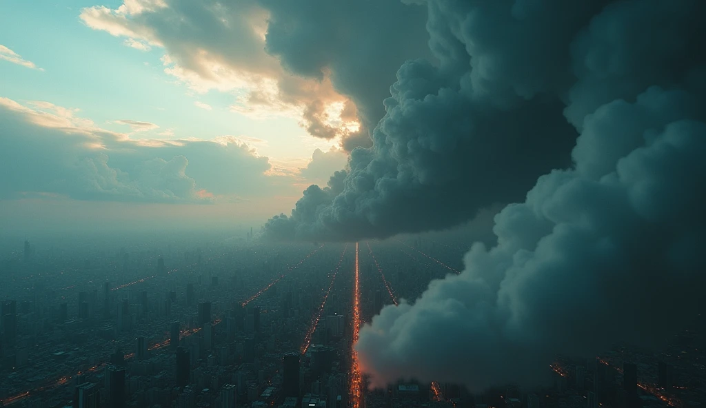 realistic cinematic dramatic bomba falling from sky over city, view from satellite, aerial view from above, cinematic lighting, dramatic clouds, highly detailed, 8k, photorealistic, hyper detailed, dramatic storm, epic scale, masterpiece, volumetric lighting, photorealistic, cinematic composition, photorealistic, dramatic atmosphere, cinematic framing, highly detailed, 8k, HDR, cinematic lighting, epic scale, dramatic storm, ultra detailed, photorealistic, dramatic tension, cinematic composition, unreal engine, physically based rendering, ultra detailed, hyperrealistic, dramatic clouds, realistic city, dramatic storm, cinematic colors, dramatic lighting