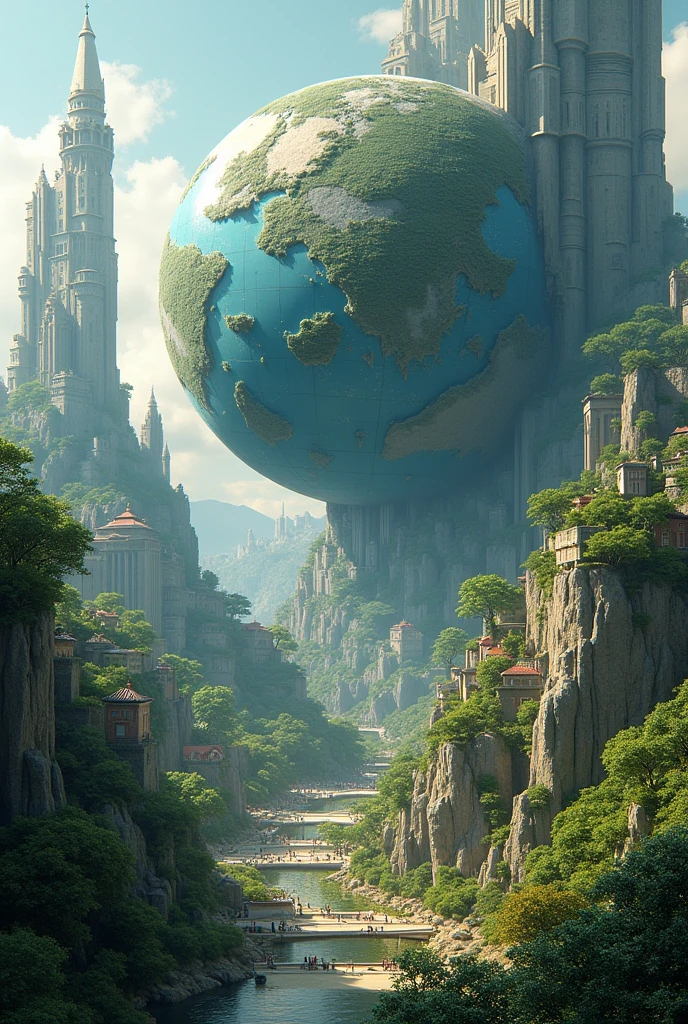 half a ball like the world, around and above there are only buildings and houses and in the middle and below there is a lot of vegetation, naturey, squares, Riu, people