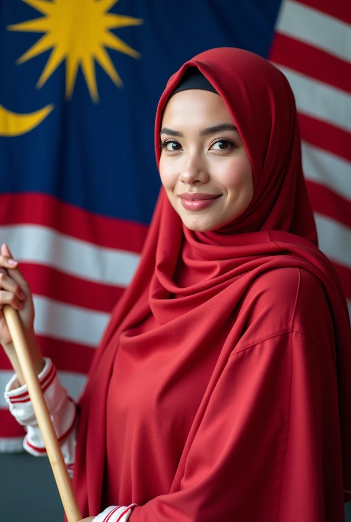 A hijabi lady waving Malaysian's flag
