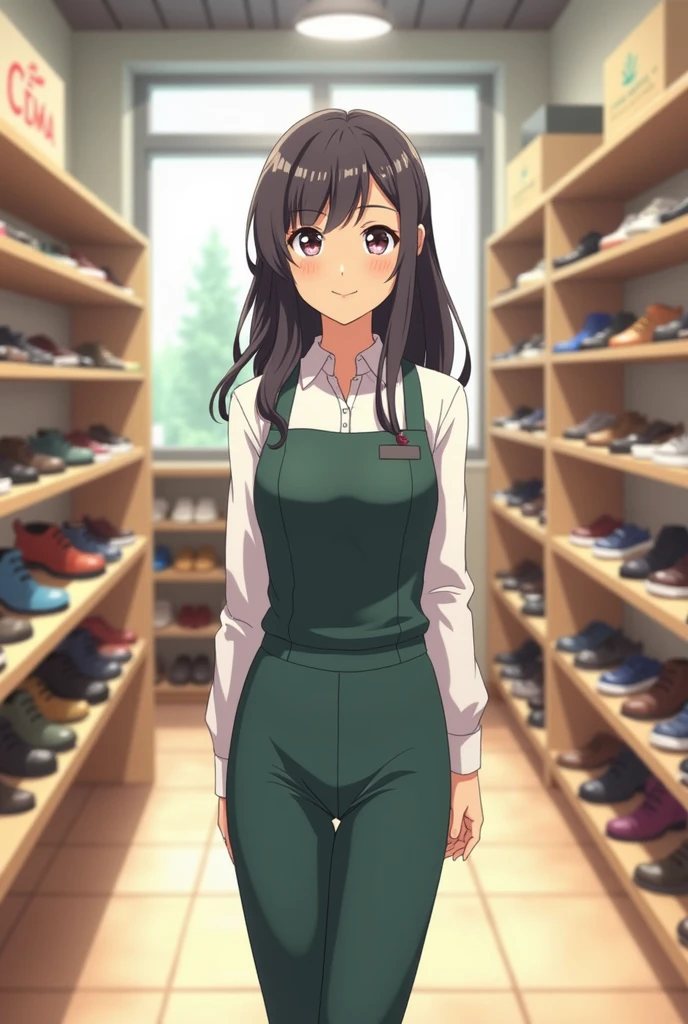 Shoe shop clerk　Japanese　A kind smile　Long Hair　standing in the store