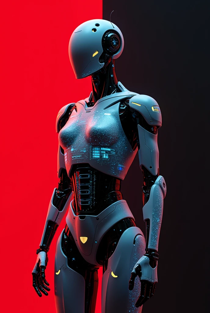 an android with applications on display, on a solid red and black background