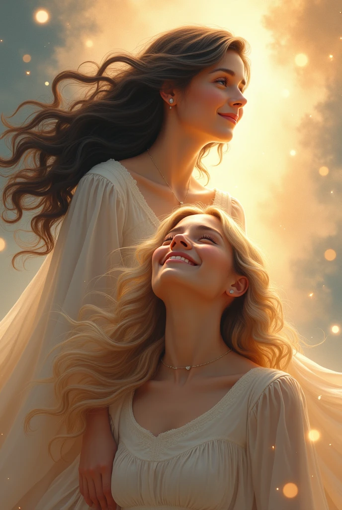 A girl graduating with long blonde hair and her mother with black wavy hair watching her from heaven and she is happy