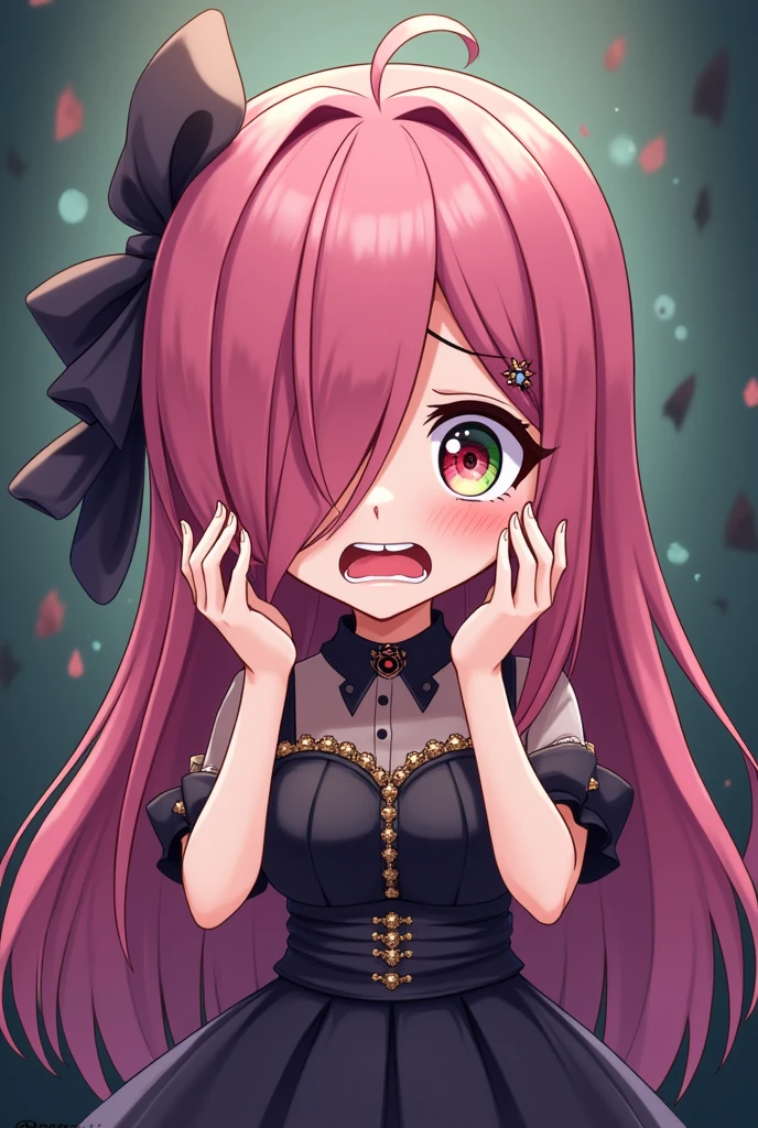 masterpiece,anime style,illustrated logo,medium shot,chibi,Kawai,twitch emote,long haired girl,hair color is fuchsia,hair covers her right eye,eyes have heterochromia,left eye is green,right eye is red,posing,teenager,wearing elegant clothes or elegant dress,scared or terrified,hands raised,eyes or gestures are disgusting
