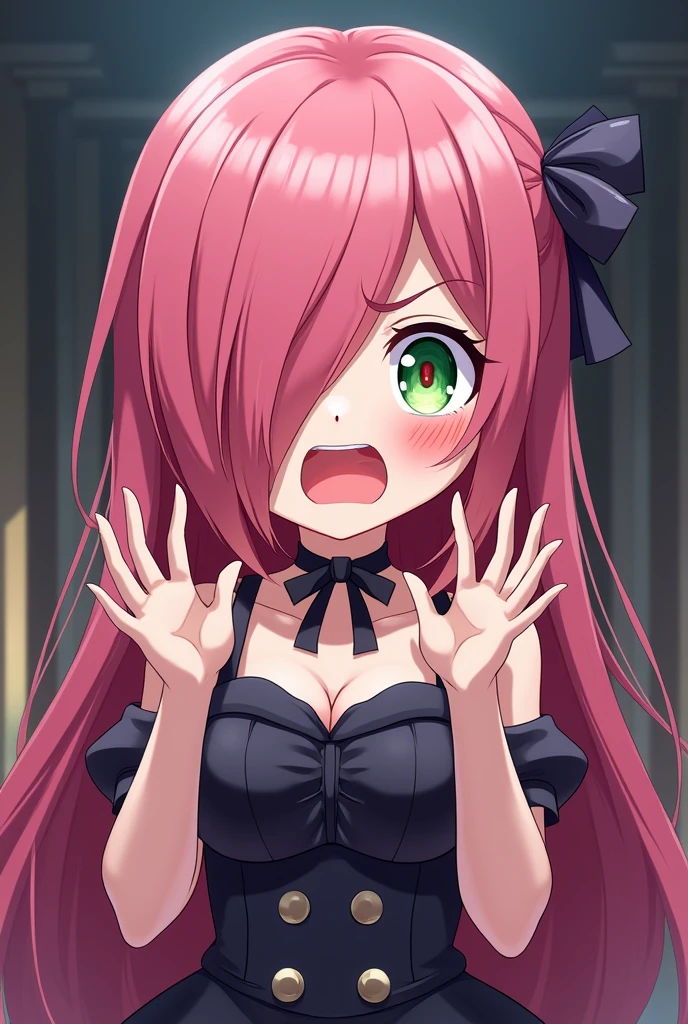 masterpiece,anime style,illustrated logo,medium shot,chibi,Kawai,twitch emote,long haired girl,hair color is fuchsia,hair covers her right eye,eyes have heterochromia,left eye is green,right eye is red,posing,ager,wearing elegant clothes or elegant dress,scared or terrified,hands raised,eyes or gestures are disgusting
