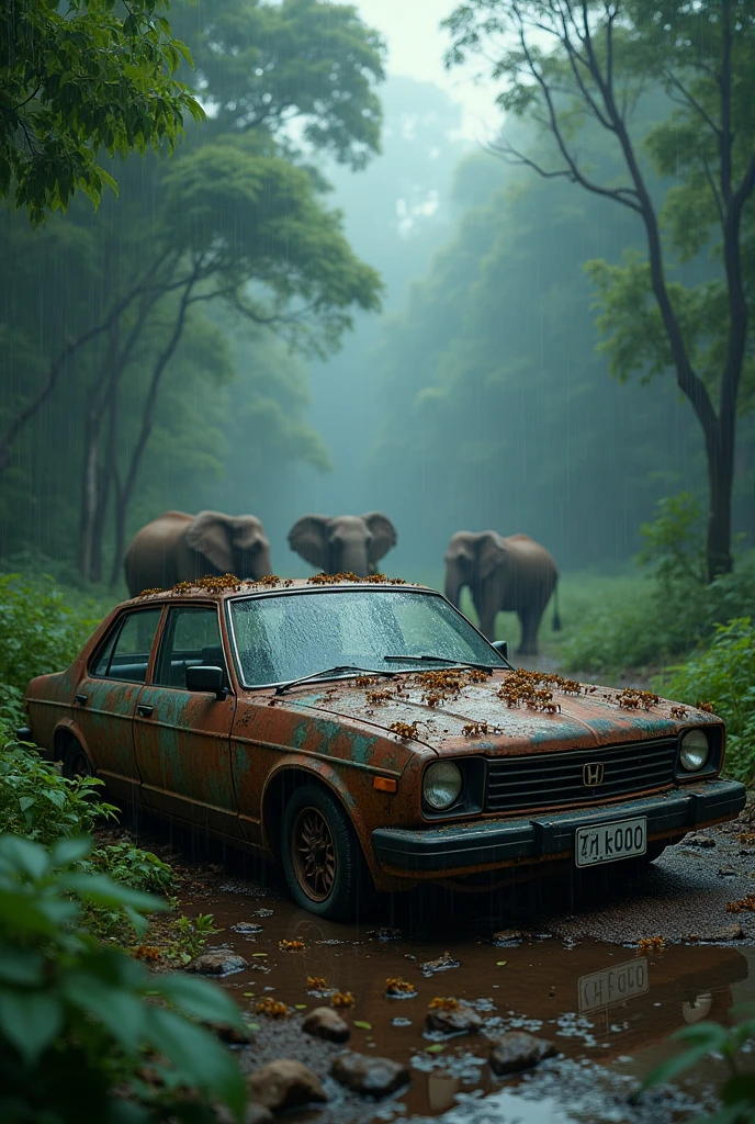 Car honda , rusty , forest , elepent , night, ants , rainy